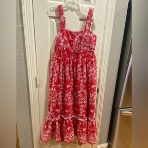 Red dress with white embroidery midi length by Anthropologie size 6